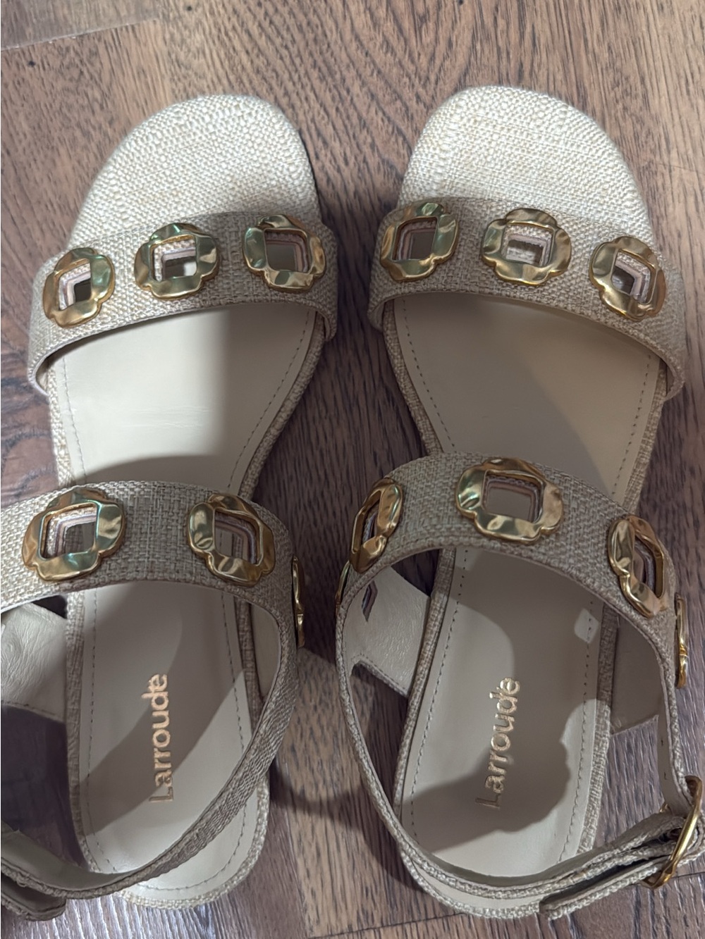 Larroude Beige Sandals with Gold Hardware